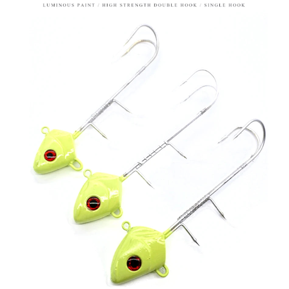 1pc 15g-225g Heavy weight Glow Saury Duple hook Fishing Hooks Luminous fish head hook Hairtail iron plate Jig Head Fishhook
