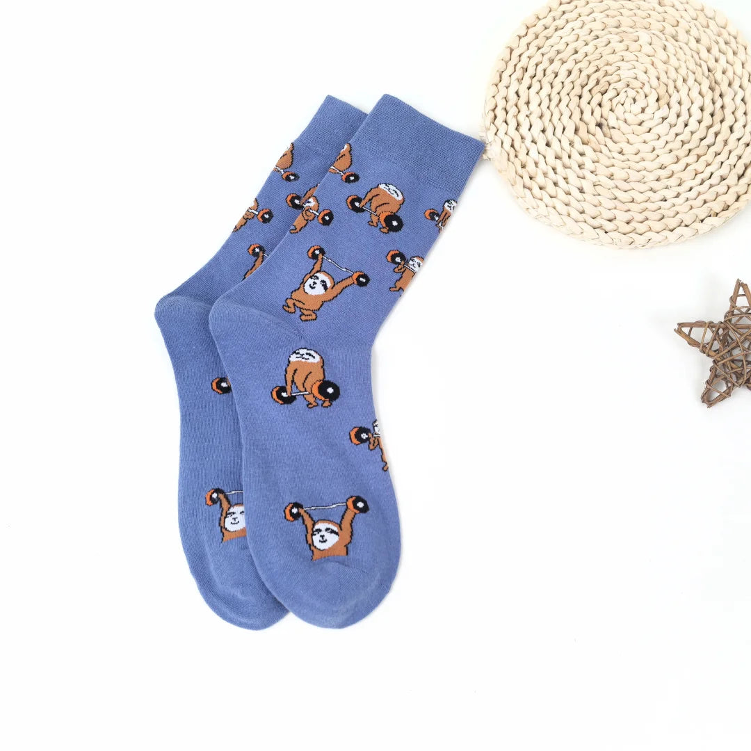 1 Pair Unisex Mid-calf Socks With Cute Sloth Bodybuilding Weightlifting Fashionable Suit In All Seasons