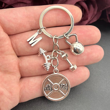 1 piece A-Z power sports barbell dumbbell charm weight gym weightlifting keychain 45 pounds weight plate keychain men’s gift